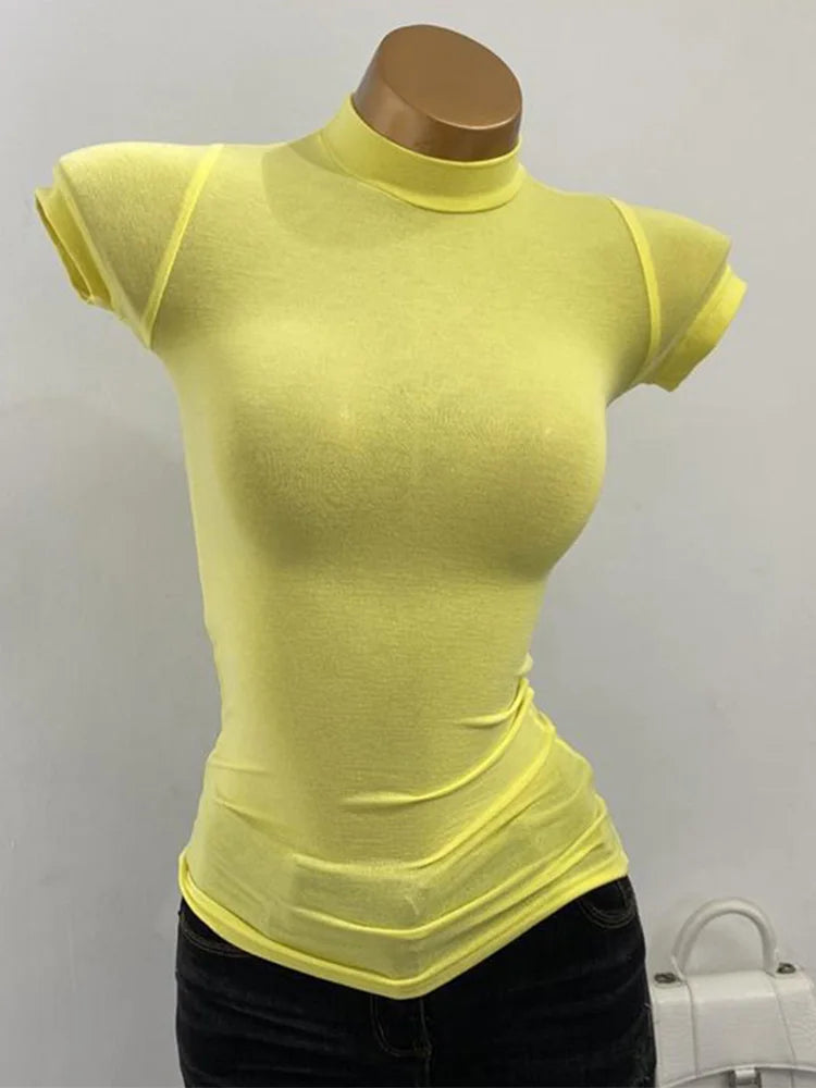 Sheer Mock Neck Short Sleeve Fitted Casual T Shirt