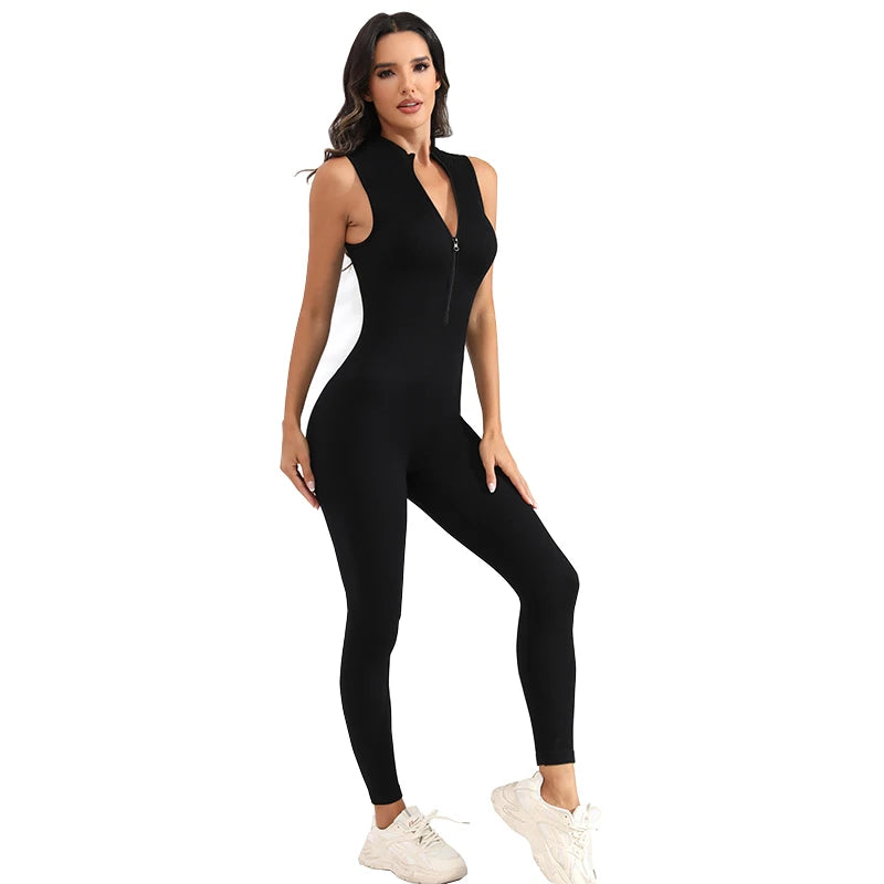 Women's Ribbed Nylon Jumpsuit with Front Zip and Cropped Legs