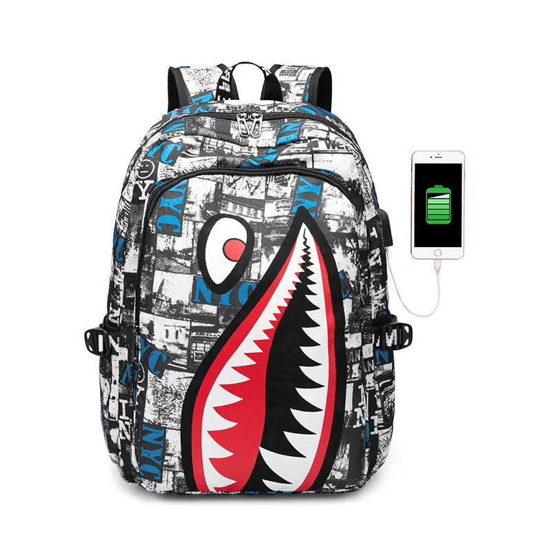 Children's Shark Print School Backpack with Zipper Opening and Front Pocket