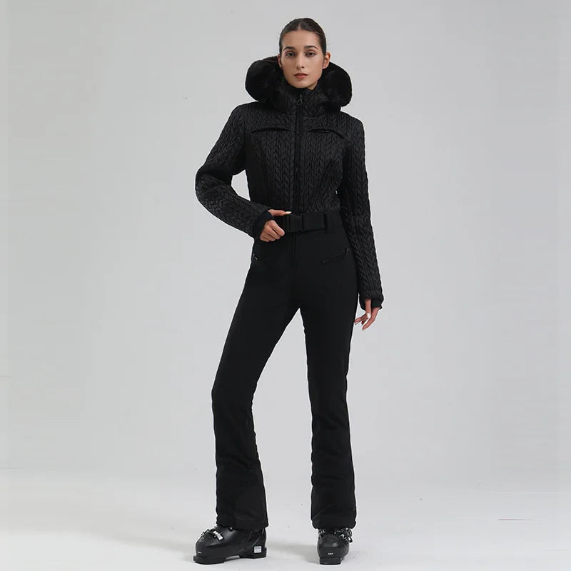 Hooded Long Sleeve Belted One Piece Ski Snow Jumpsuit