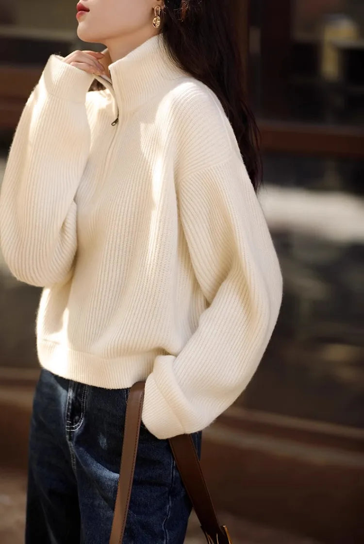 100% pure cashmere sweater women's half zip stand collar thick loose lapel pullover sweater