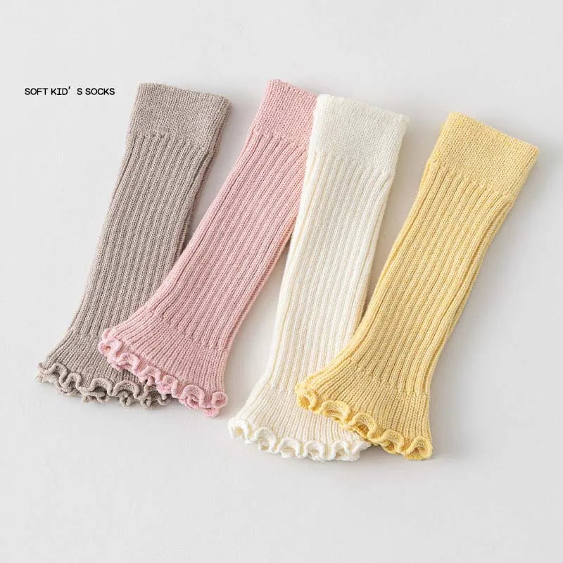 Solid Ribbed Calf Leg Warmers with Ruffled Edge Trim