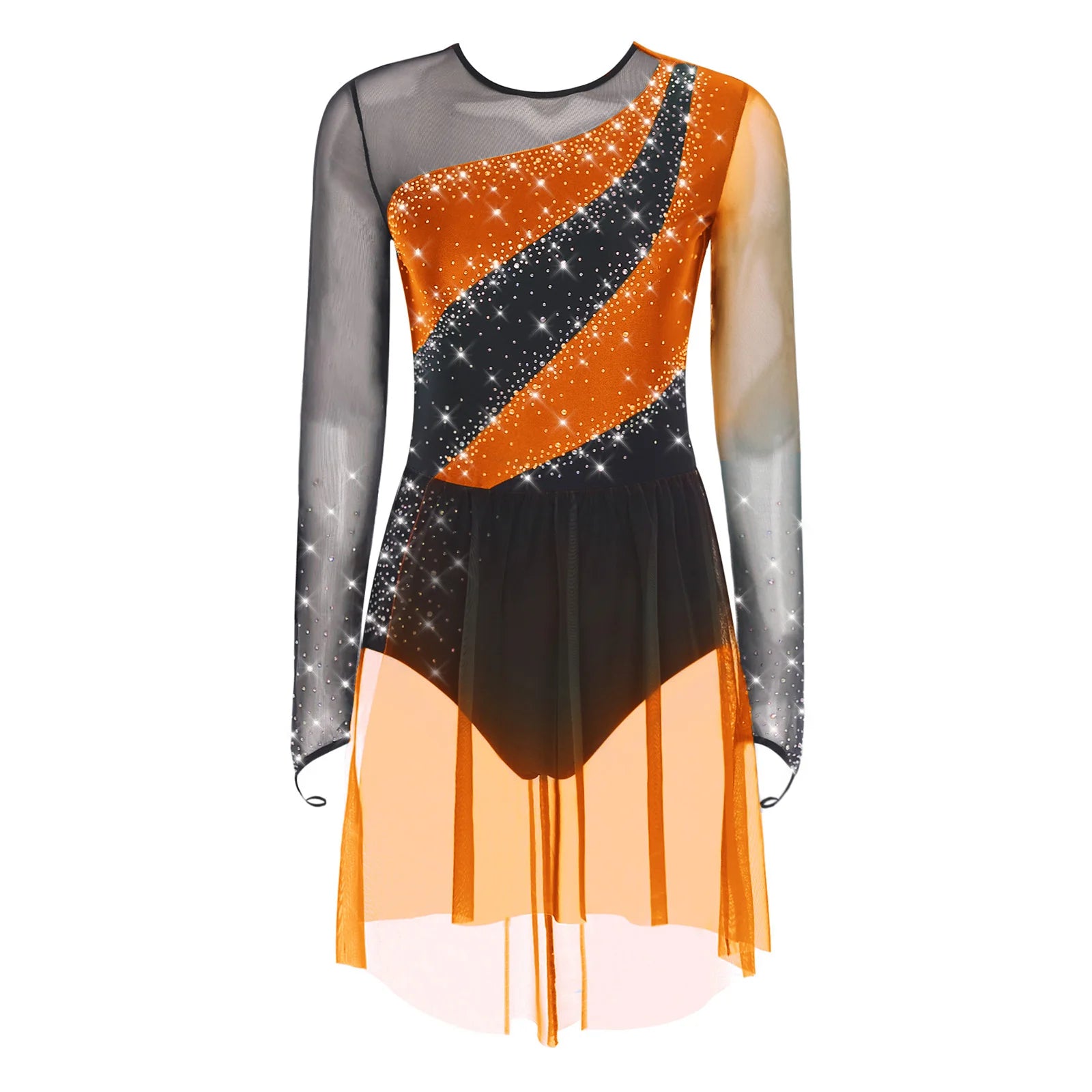 Women's Long Sleeve Mesh Dance Dress with Sequins and Asymmetric Panels