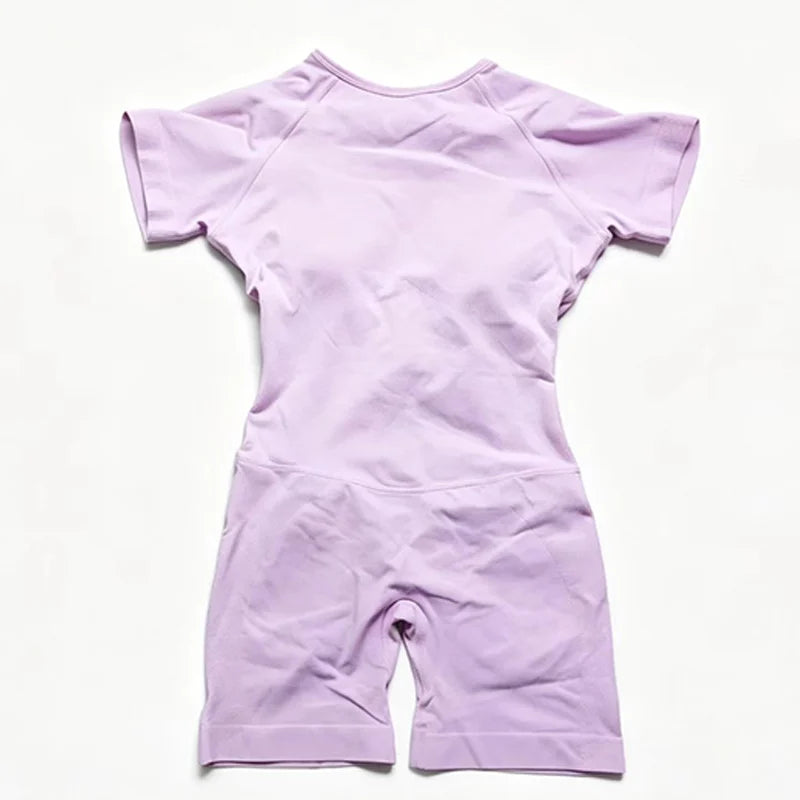 Women's Short Sleeve Nylon Workout Romper with Open Back and Fitted Shorts