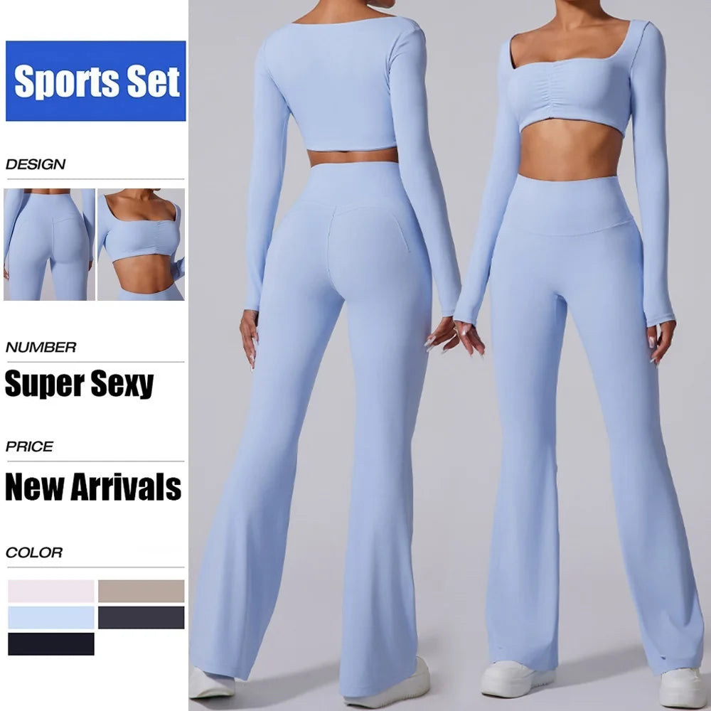 Women's Long-Sleeve Crop Top and Flared Pants Workout Set