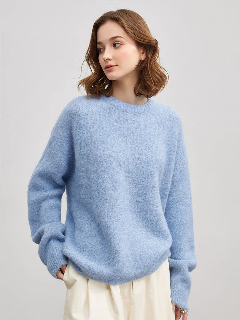 Women's Fluffy Crew Neck Long Sleeve Sweater Casual Knit Layer