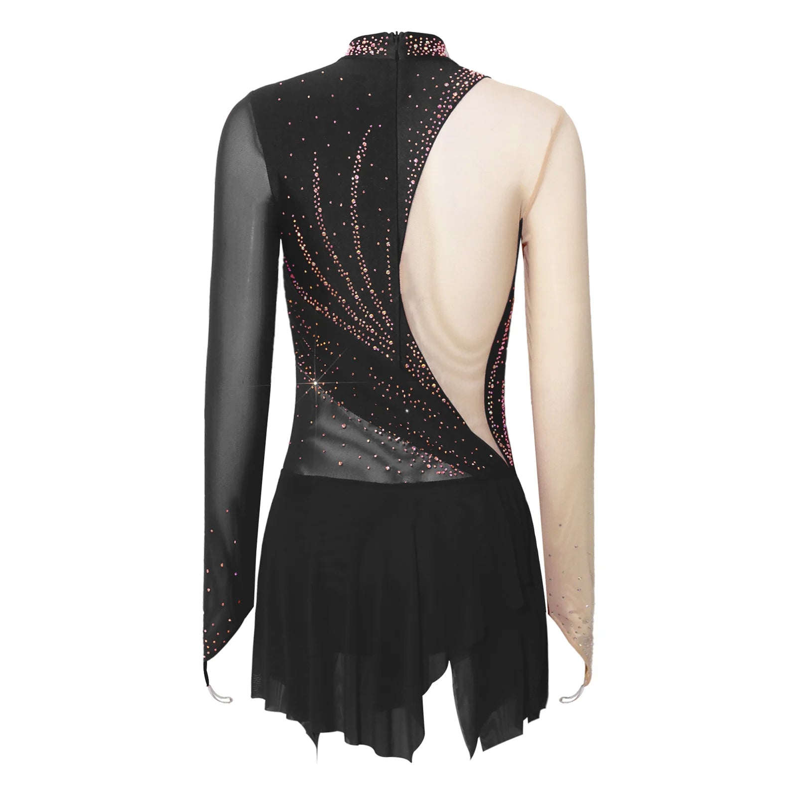 Women's Long Sleeve Rhinestone Dance Dress with Mesh and Open Back
