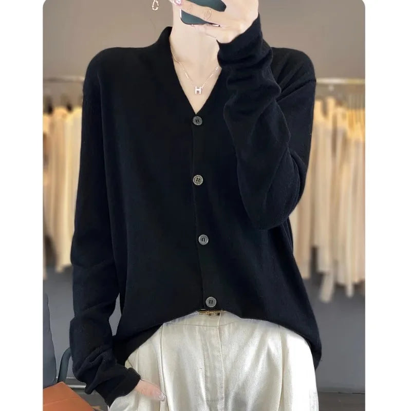 Light luxury retro style! V-neck pure cashmere knit cardigan women's autumn and winter loose wool top bottom sweater coat