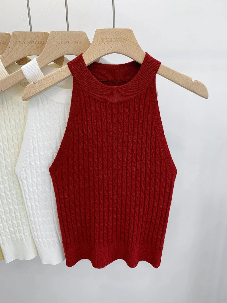 Women's High Neck Ribbed Polyester Crop Tank Top with Sleeveless Cut