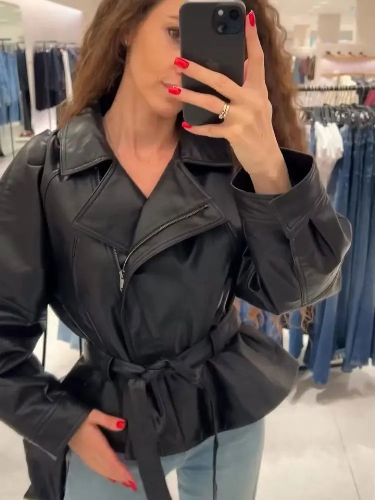 Women's Belted Faux Leather Lapel Jacket for Layered Outfits
