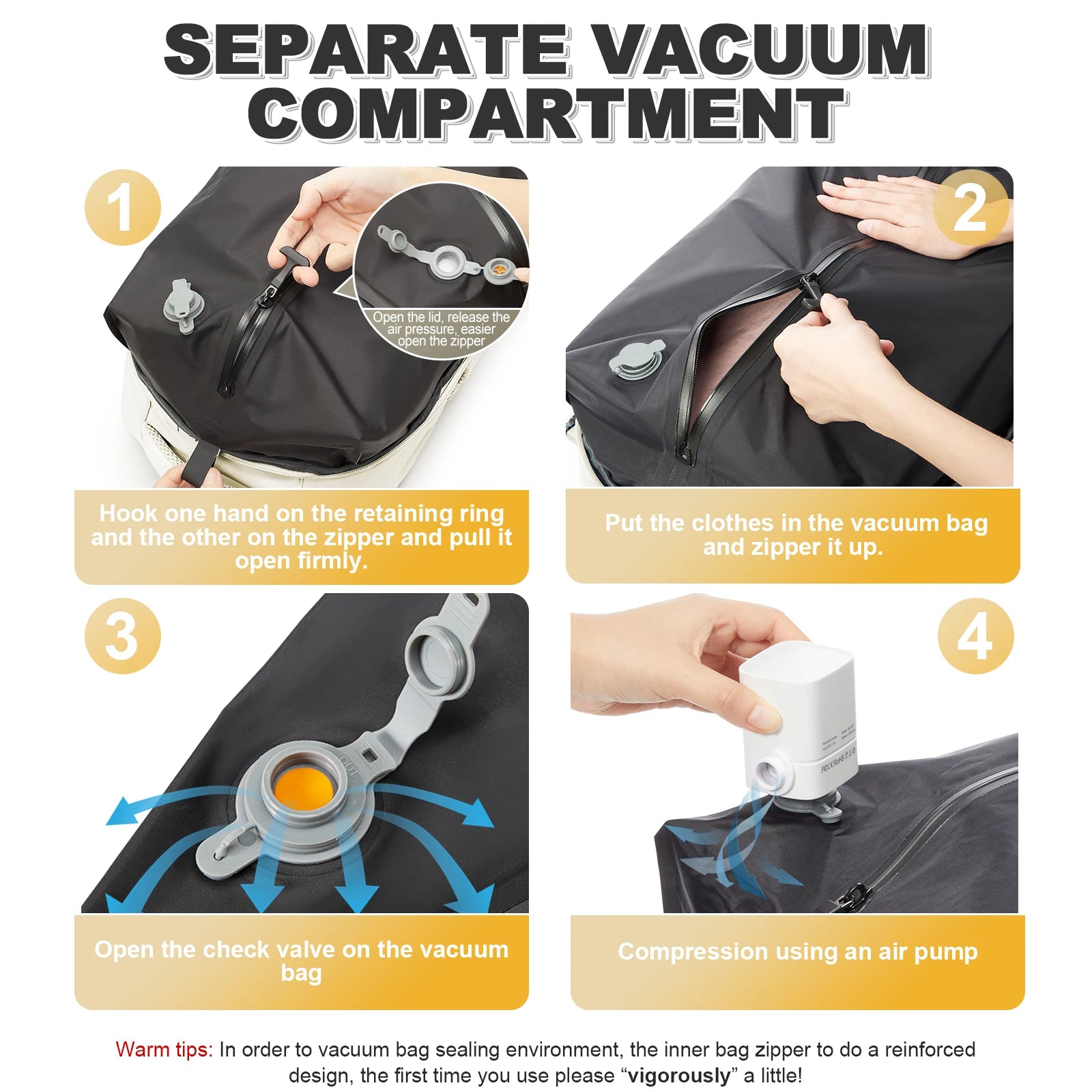 Travel Backpack with Internal Compression Compartment and Pump Option