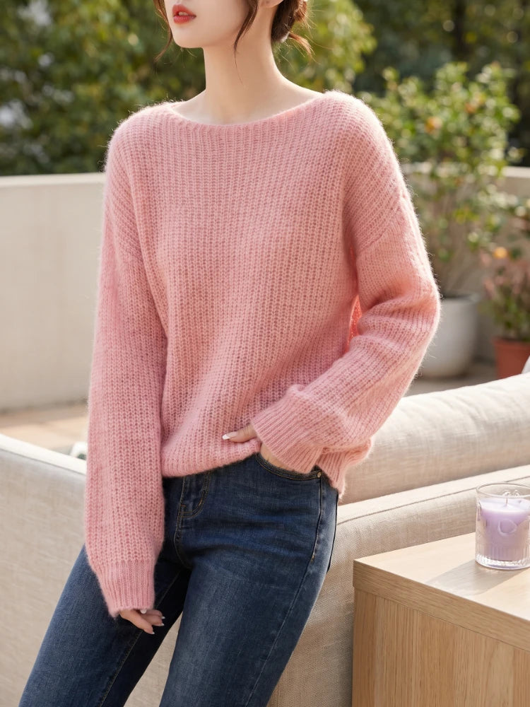 Women's Open Knit Crew Neck Sweater Casual Knit Layer