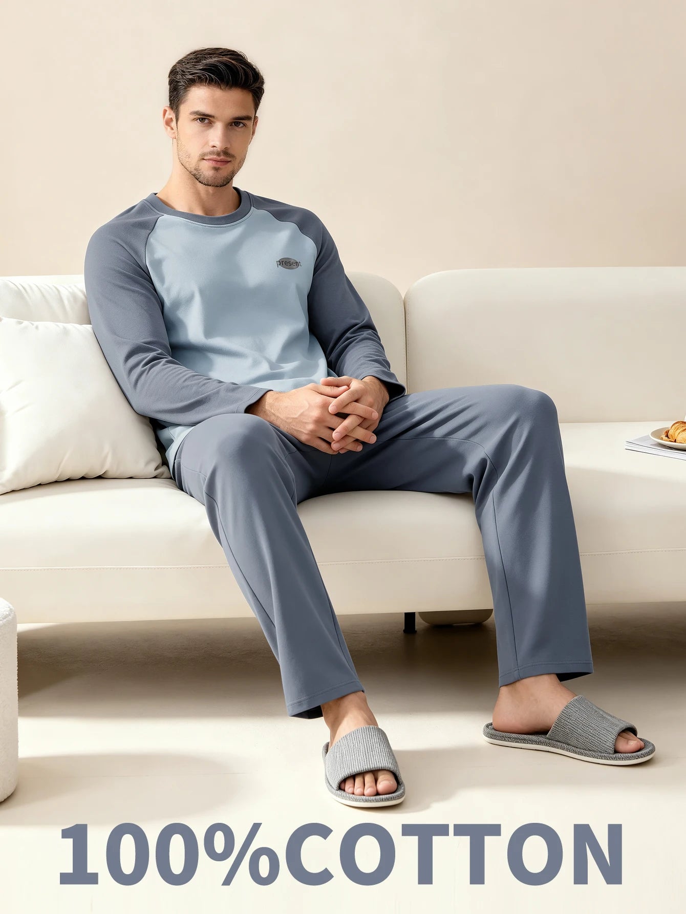 Men's Raglan Long Sleeve Top and Pants Pajama Set