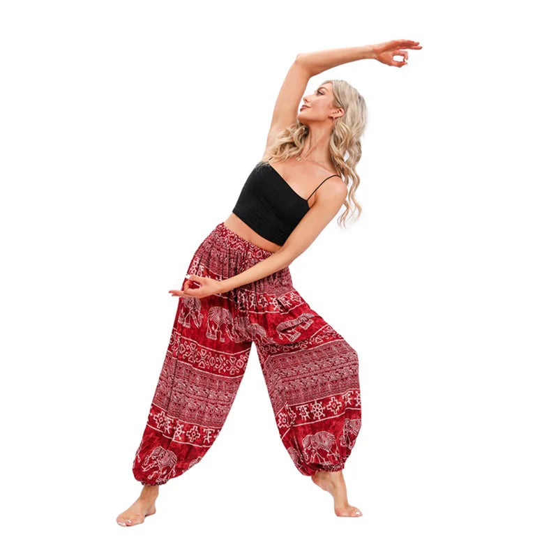 Women's Printed Rayon Harem Pants with Elastic Waist and Loose Gathered Legs