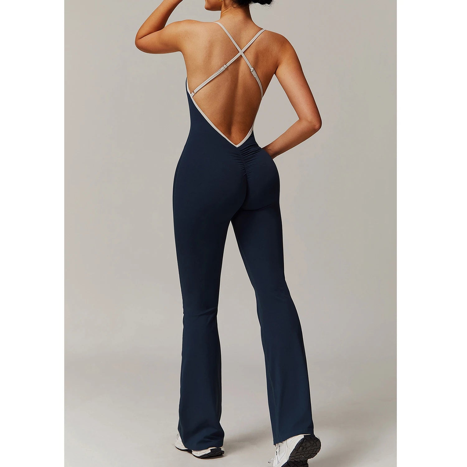 Women's Thin Strap Nylon Blend Flared Workout Jumpsuit with Low Cross Back