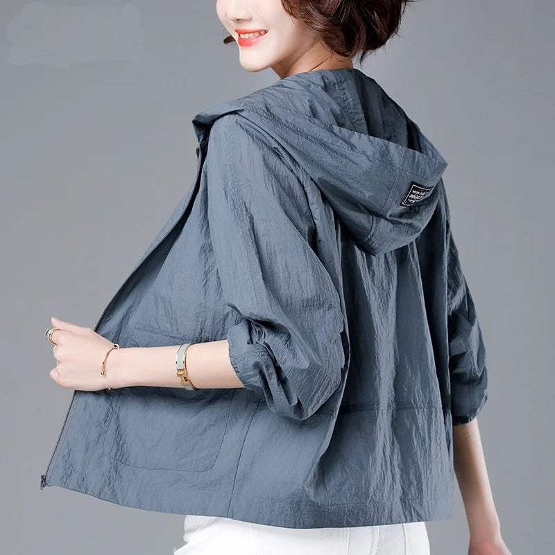 Hooded Short Sleeve Full Zip Casual Top for Layering