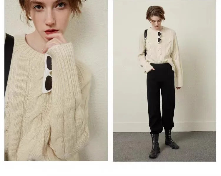 European autumn and winter cashmere sweater women's crewneck twist sweater loose cover to wear pure wool knitted bottom thick