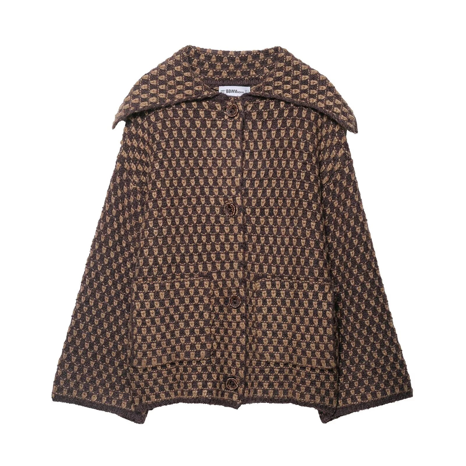 Women's Checked Button Front Shoulder Cape Cape Casual Knit Layer