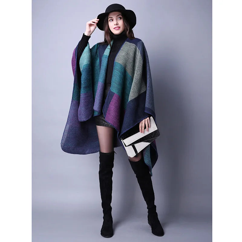Block Plaid Open Front Poncho for Layering over Outfits