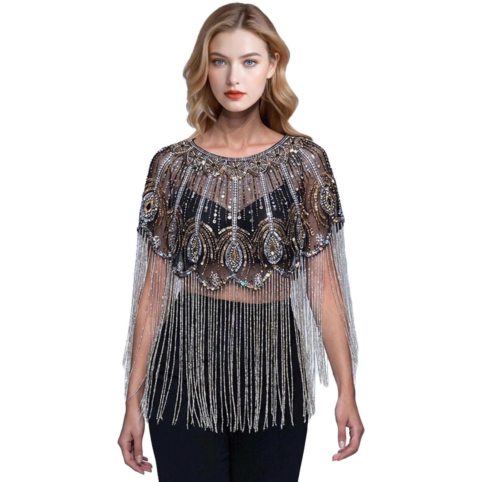 Beaded Long Fringe Cape for Layering over Outfits