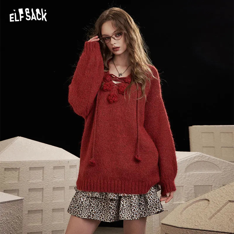 Women's Floral Applique V Neck Batwing Sweater Casual Knit Layer