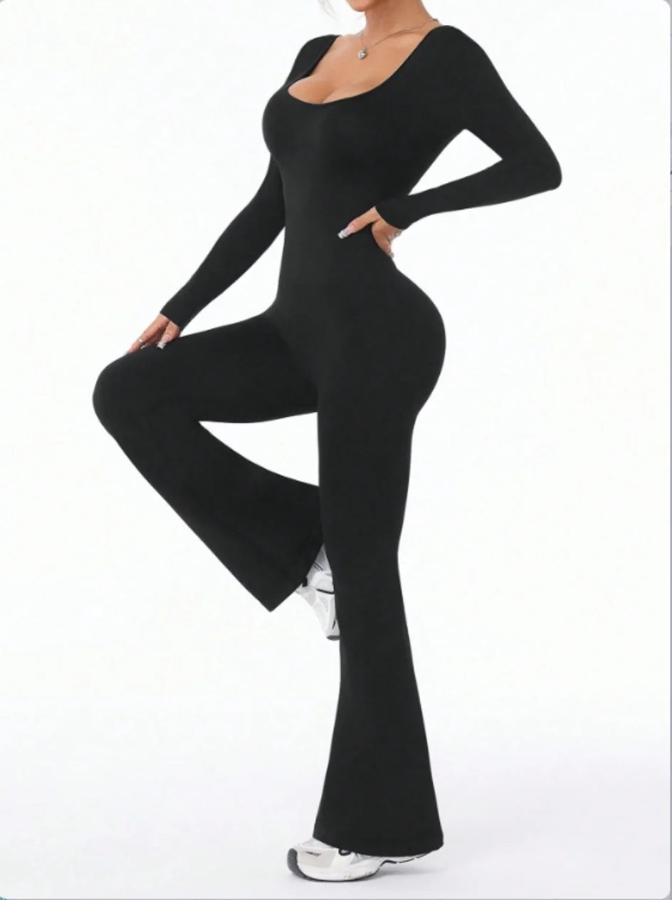Women's Long Sleeve Nylon Blend Flared Workout Jumpsuit with Double Back Cutouts