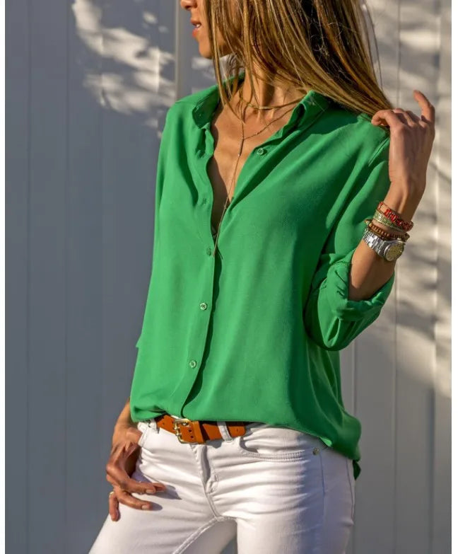 Women's Collared Roll Sleeve Button Front Shirt