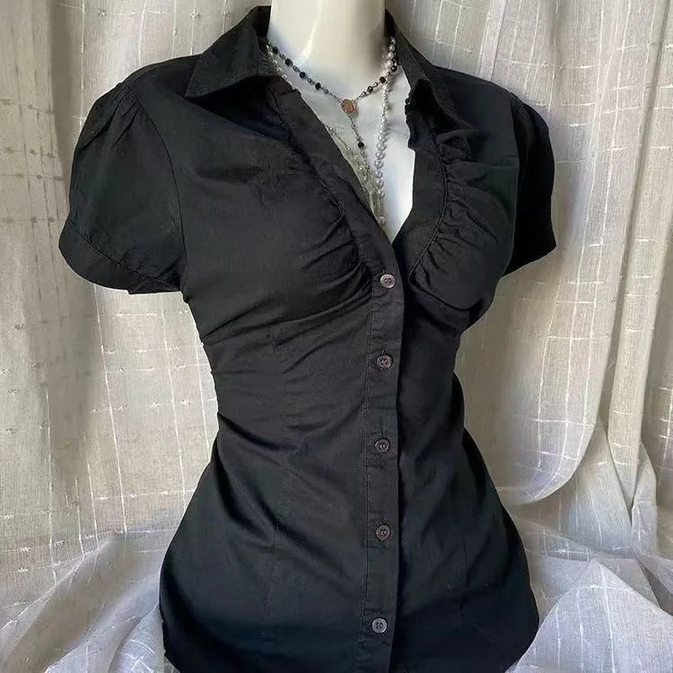 Women's Fitted Ruffle Detail Short Sleeve Shirt