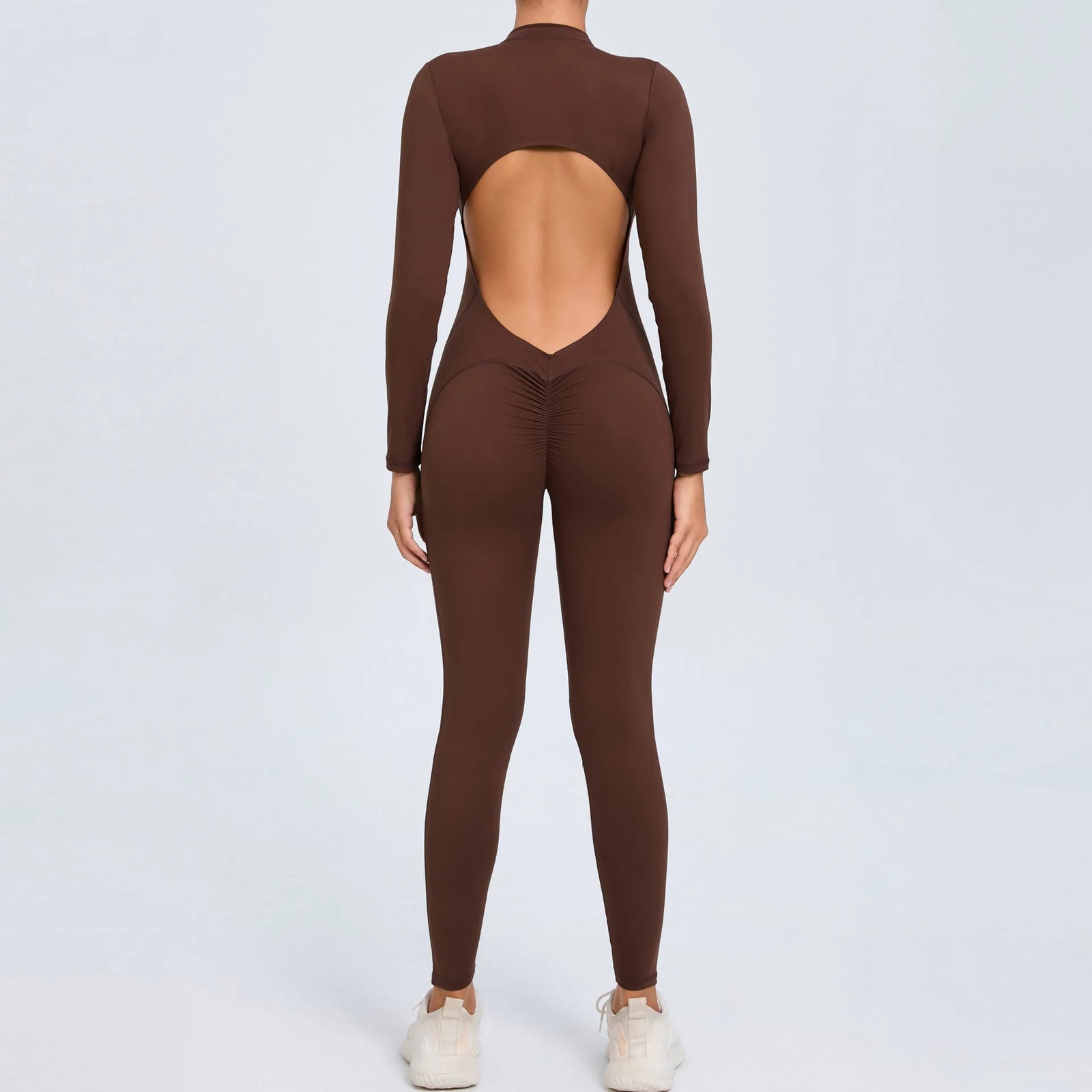 Women's Long Sleeve Nylon Blend Workout Jumpsuit with Oval Back Cutout