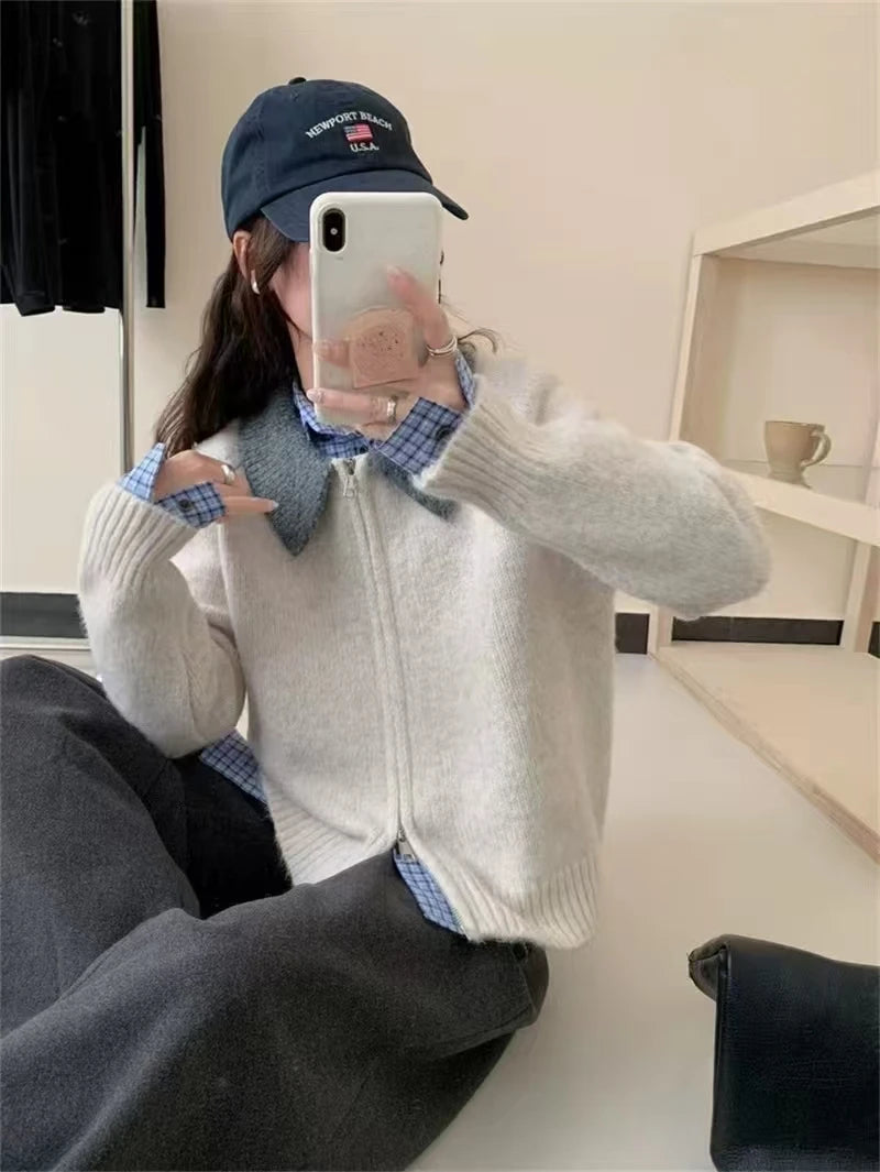 Color-blocked lapel 100% cashmere cardigan women's knitted sweater Loose sweater Wool sweater coat