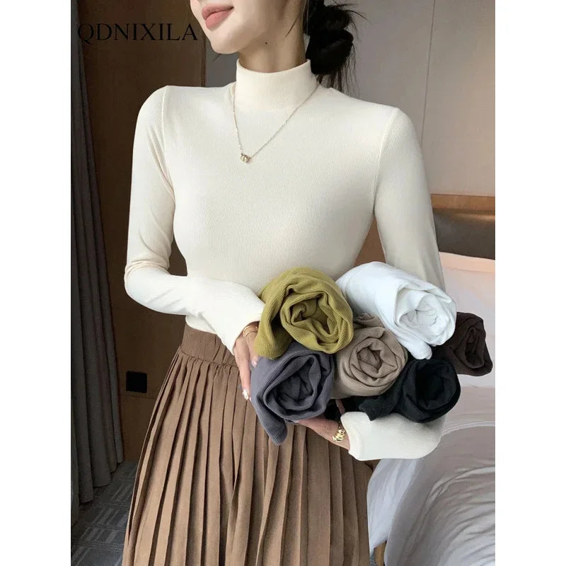 Women's Mock Neck Fitted Long Sleeve Sweater Casual Knit Layer