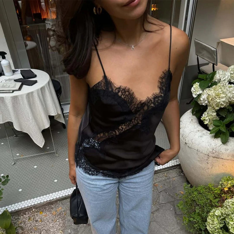 Women's Asymmetric Lace Trim Satin Camisole with Thin Shoulder Straps