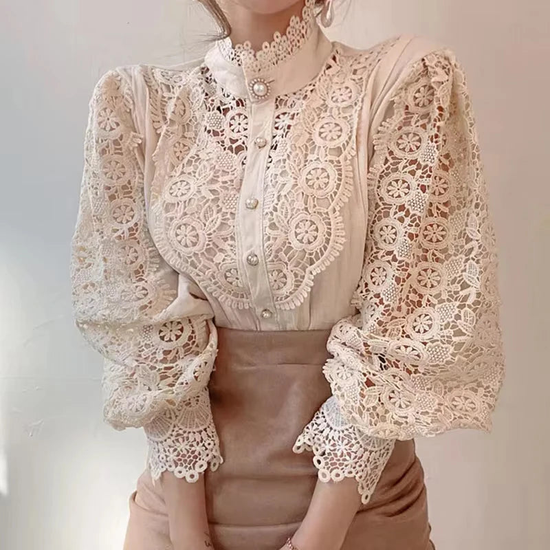 Women's Lace Stand Collar Long Sleeve Button Front Blouse