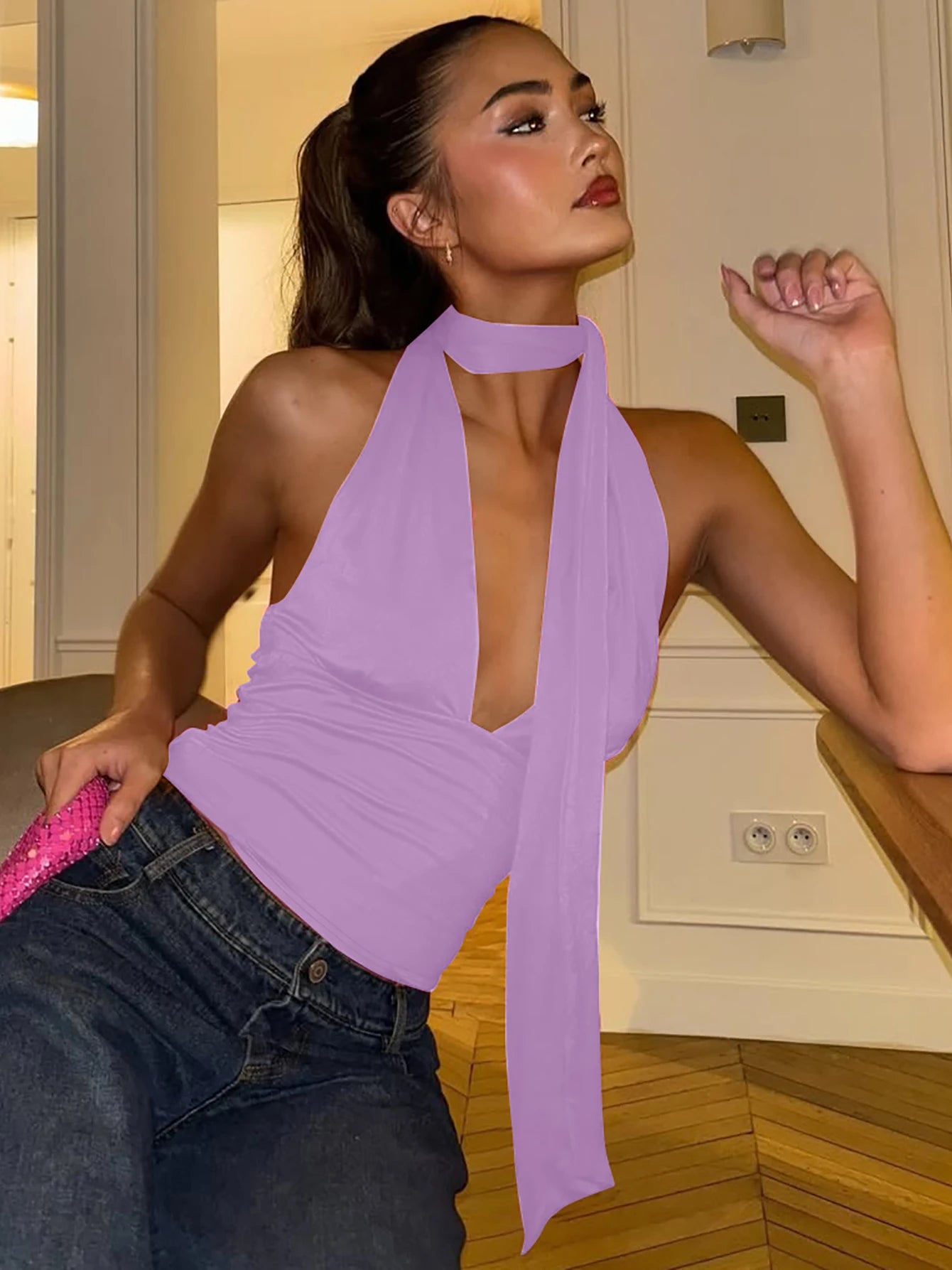 Women's Scarf Tie Polyester Blend Halter Crop Top with Deep V Neck