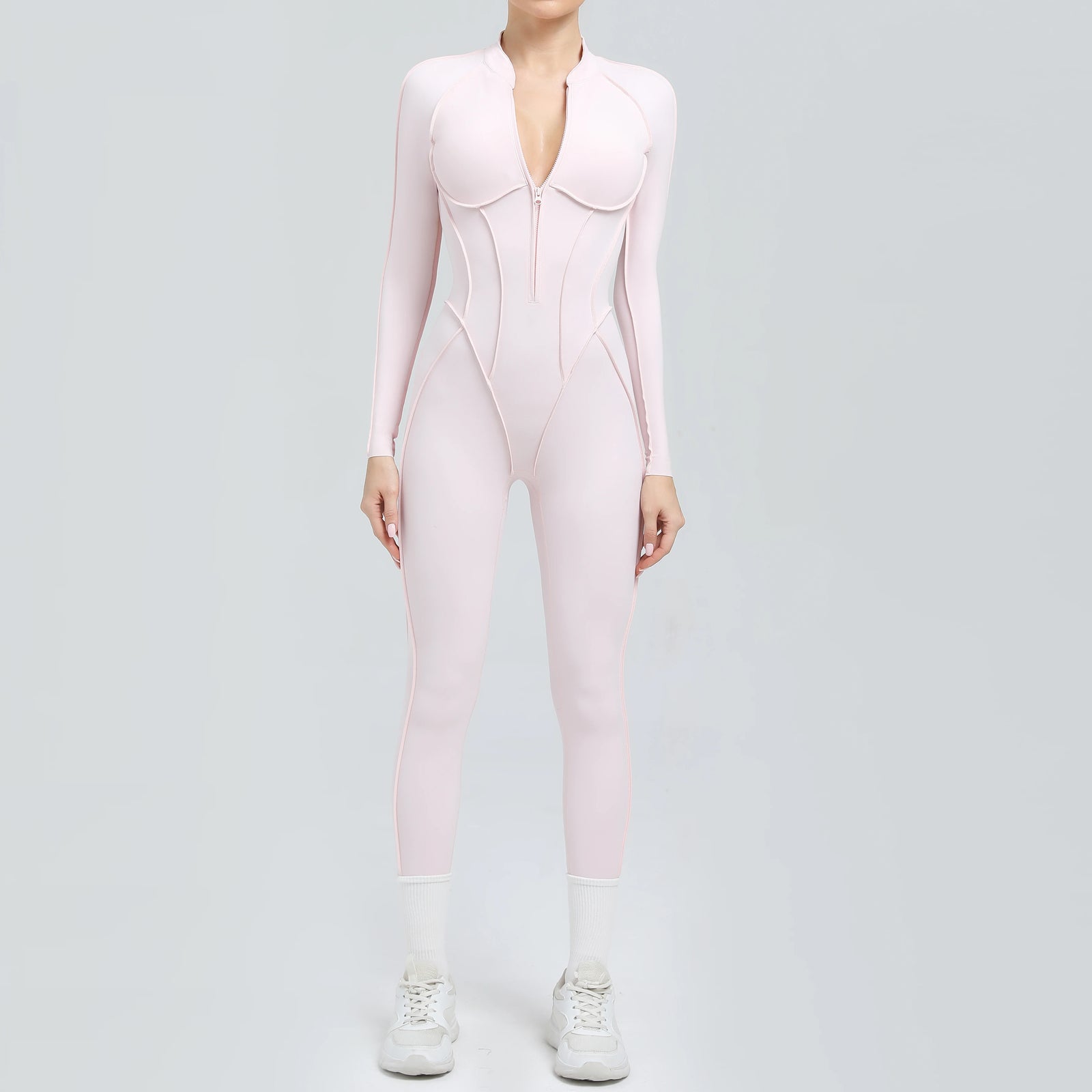 Women's Long Sleeve Zip Front Back Cutout Workout Jumpsuit