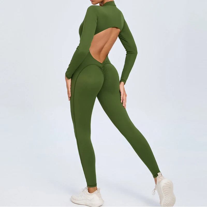 Women's Long Sleeve Nylon Blend Workout Jumpsuit with Oval Back Cutout