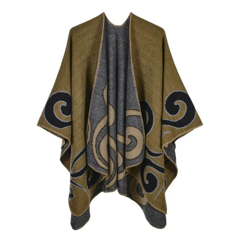Patterned Fringed Open Front Poncho for Layering over Outfits
