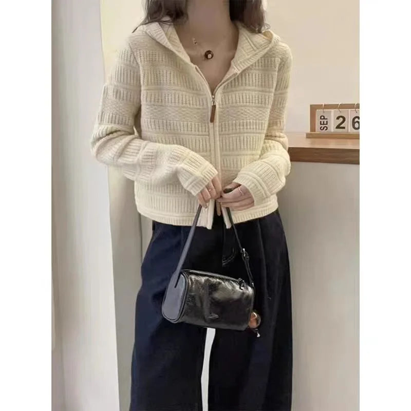 Autumn and Winter Thickened 100% Pure Wool Women's Hooded Knit Cardigan Loose Sweater Coat with Double Zippers Short Style