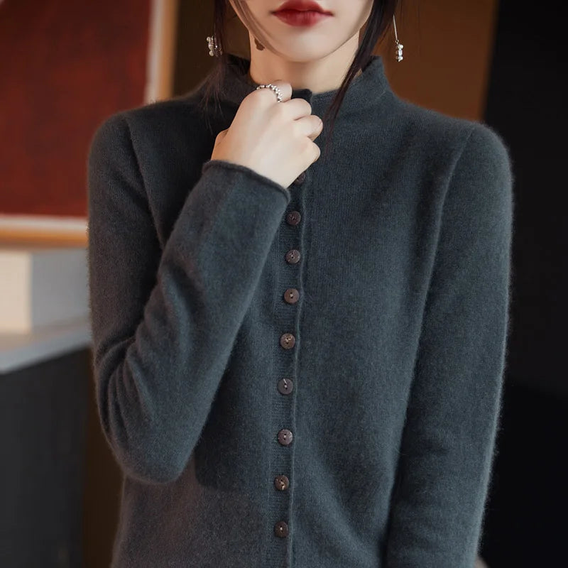 Women's Wool Solid Long-Sleeve Button-Front Knit Cardigan for Autumn Winter Layered Outfits