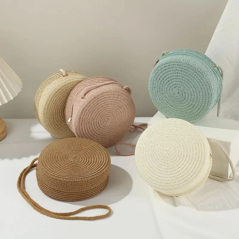Round Woven-Look Crossbody Shoulder Bag with Zipper for Everyday Outfits