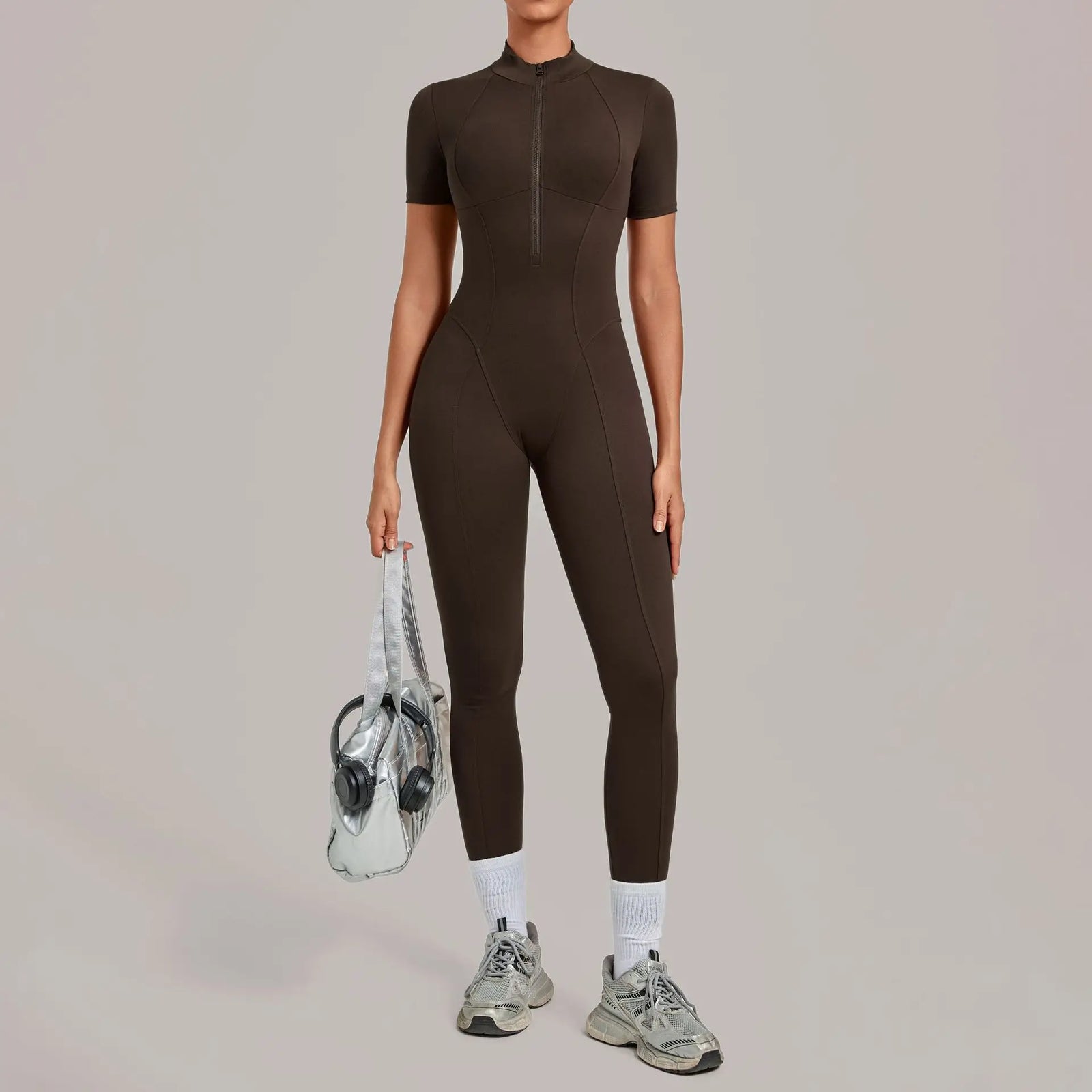 Women's Short Sleeve Nylon Blend Workout Jumpsuit with Stand Collar Zip