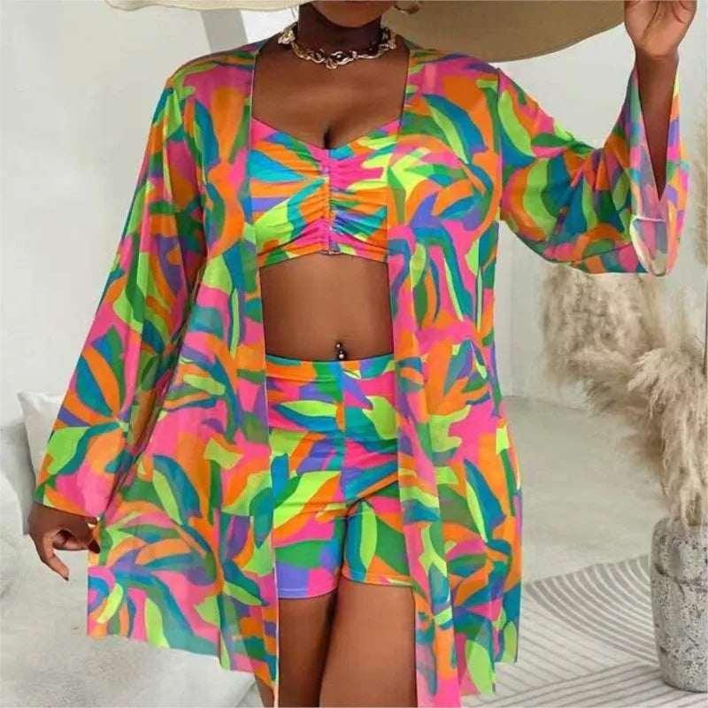 Women's Colourful Printed Bikini Shorts Set with Matching Cover Up