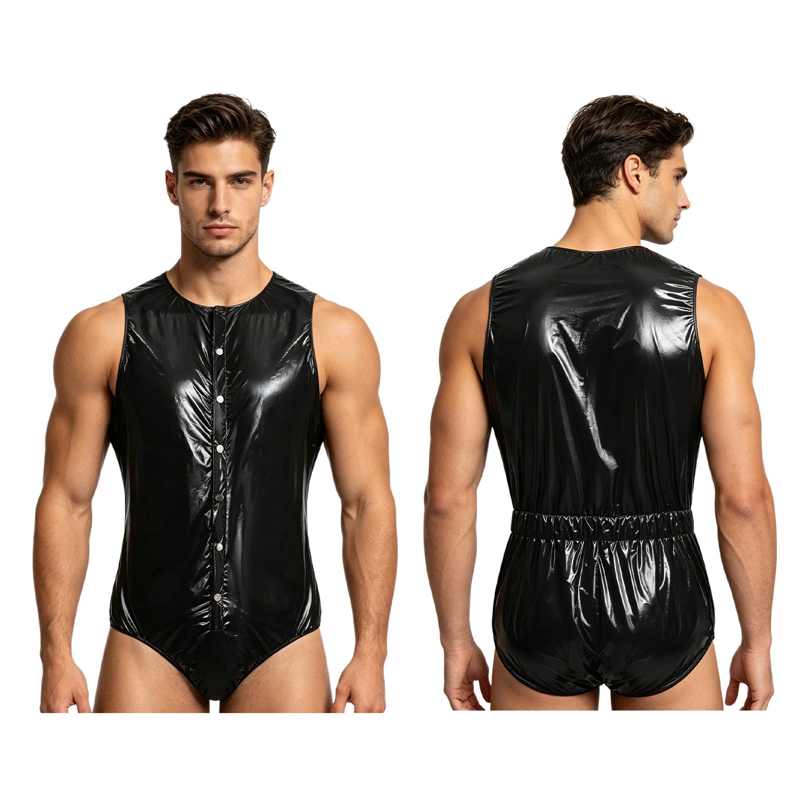 Men's One-Piece Swimsuit with Back Zipper and Crotch Button Details