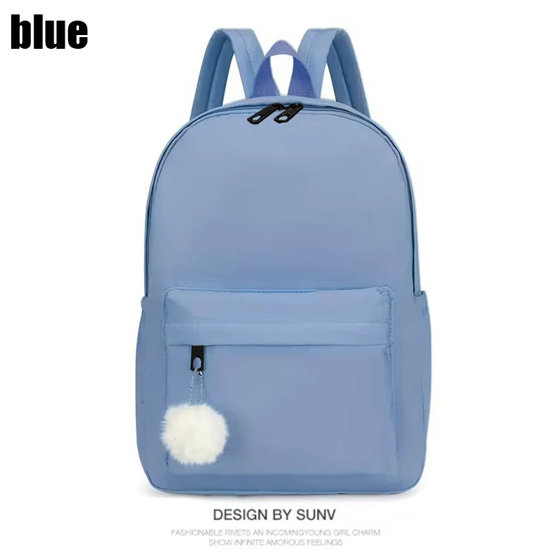 Solid Colour Backpack with Front Pocket and Fluffy Ball Decoration