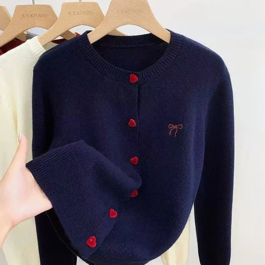 Women's Bow Embroidered Crew Neck Button Front Cardigan