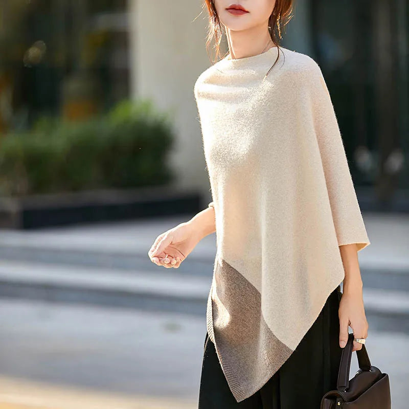 Contrast Block Asymmetric Poncho for Layering over Outfits