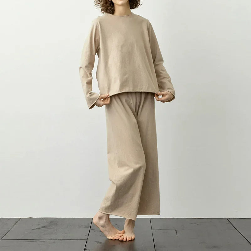 Women's Cotton Pajama Set with Long-Sleeve Round-Neck Top and Full-Length Matching Pants