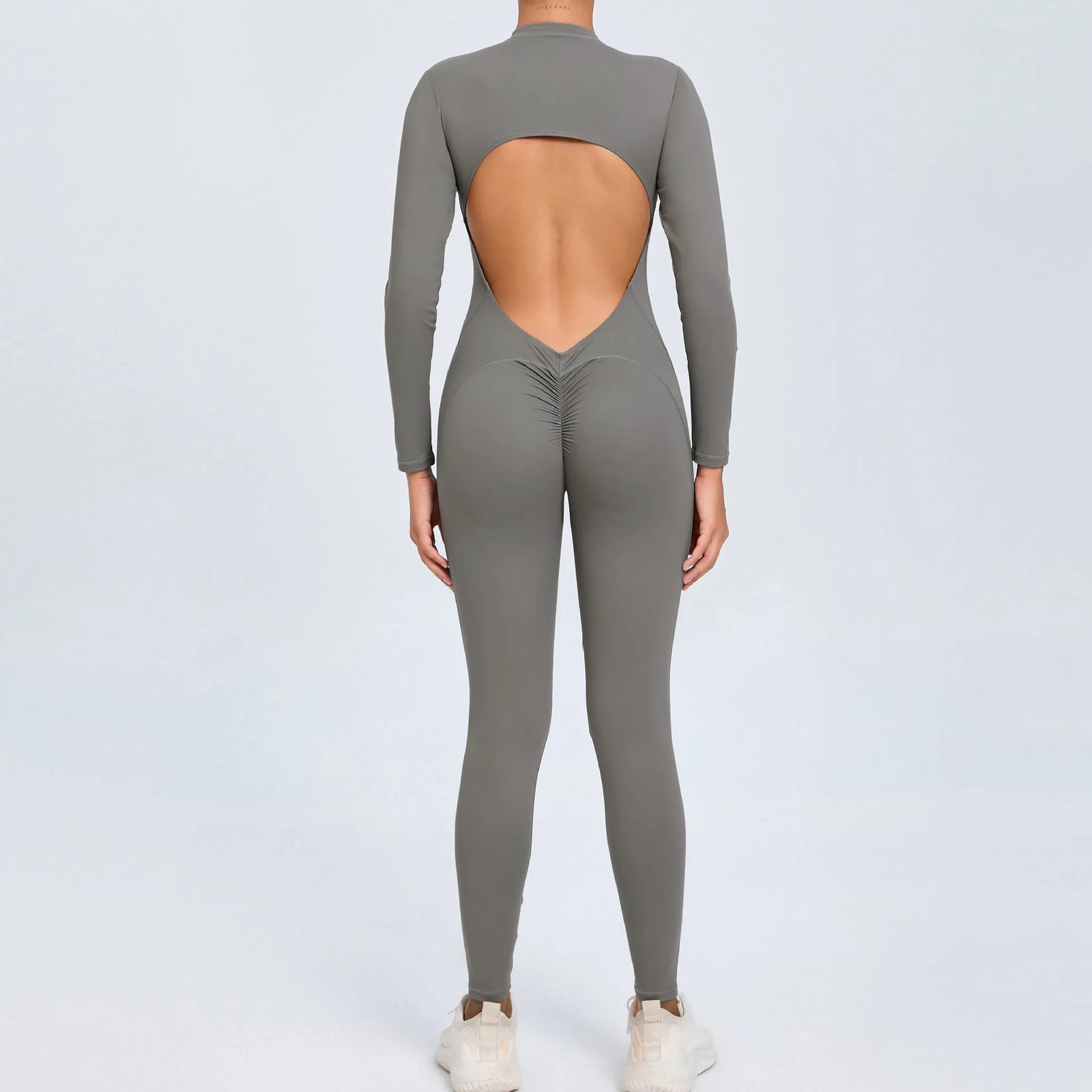 Women's Long Sleeve Nylon Blend Workout Jumpsuit with Zipper and Open Back