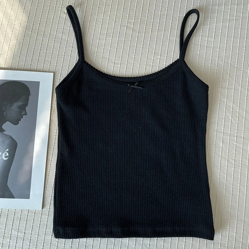 Women's Lace Trim Cotton Camisole with Bow Detail and Multiple Pattern Options