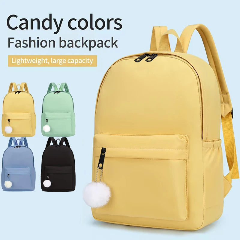 Solid Colour Backpack with Front Pocket and Fluffy Ball Decoration